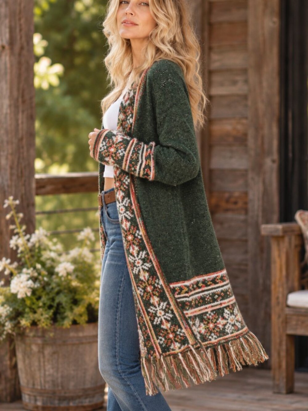 Southwestern Jade Green Jacquard Fringe Long Boho Western Duster Cardigan M/L - Picture 2 of 10